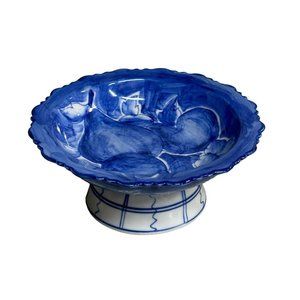 Porcelain Pedestal Bowl Soap Candy Dish 6"  Blue White Thailand Hand Painted VTG